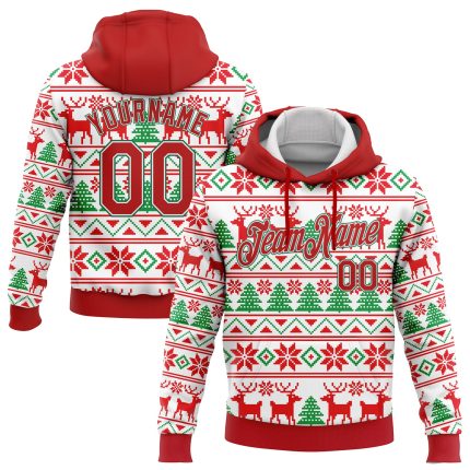 Custom Name Number 3D Christmas Sports Hoodie - Personalized White Red Kelly Green Pullover Sweatshirt Personalized Stitched