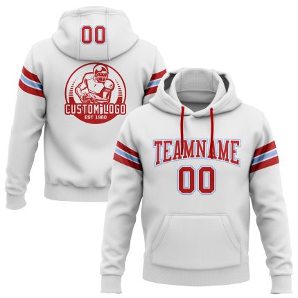 Custom Team Name Number Hoodie Pullover Sweatshirt - Personalized Red White Light Blue Football Apparel Personalized Stitched