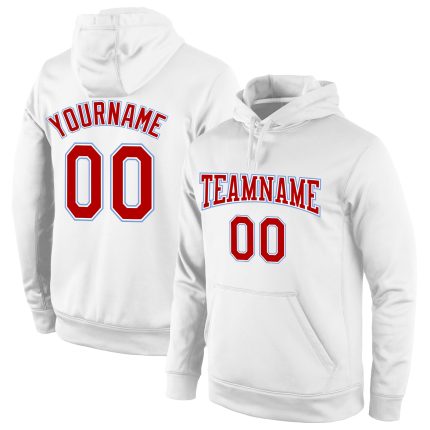 Custom Name & Number Sports Hoodie - Personalized Stitched Pullover Sweatshirt in White, Red, and Light Blue Personalized