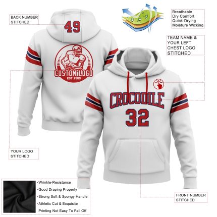 Custom Football Hoodie Personalized with Name and Number - Stitched White Red-Navy Pullover Sweatshirt Personalized Stitched
