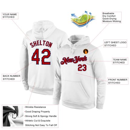 Custom Sports Hoodie with Team Name and Number, Personalized Red-Navy Pullover Sweatshirt Personalized Stitched White Red-Navy