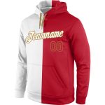 Custom Team Name & Number Pullover Hoodie Sweatshirt - Personalized White Red-Old Gold Split Fashion Sports Apparel Personalized