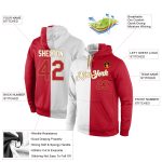 Custom Team Name & Number Pullover Hoodie Sweatshirt - Personalized White Red-Old Gold Split Fashion Sports Apparel Personalized