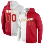 Custom Team Name & Number Pullover Hoodie Sweatshirt - Personalized White Red-Old Gold Split Fashion Sports Apparel Personalized