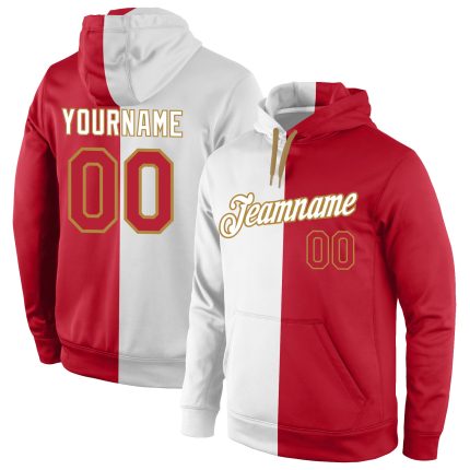Custom Team Name & Number Pullover Hoodie Sweatshirt - Personalized White Red-Old Gold Split Fashion Sports Apparel Personalized