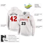 Custom Team Hoodie - Personalized Red-Black Sports Sweatshirt with Stitched Name and Number - White Red Pinstripe Design