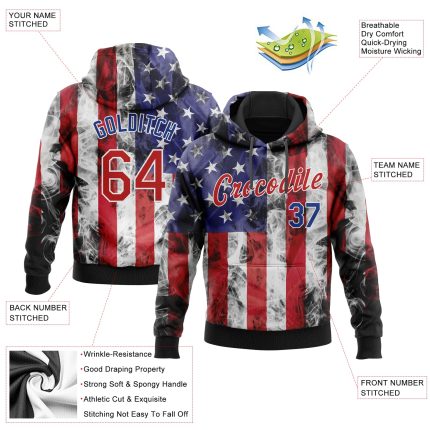 Custom 3D American Flag Hoodie with Name and Number - Personalized Stitched Fashion Sports Pullover Sweatshirt in White Red Royal-Black