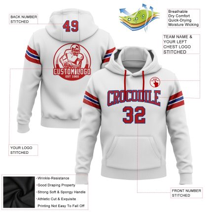 Personalized Stitched Red-Royal Football Hoodie Sweatshirt Pullover - Custom Sports Apparel Personalized Stitched White Red-Royal