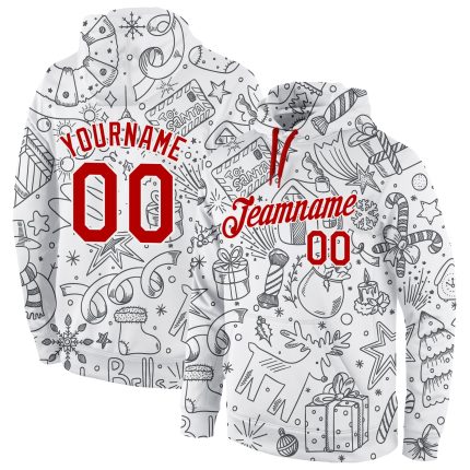 Custom Christmas 3D Sports Hoodie with Name and Number - Personalized Red-White Stitched Pullover Sweatshirt Personalized