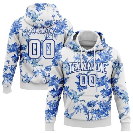 Custom 3D Flower Heron Sports Hoodie with Personalized Name & Number, Stitched White Pullover Sweatshirt Personalized Stitched