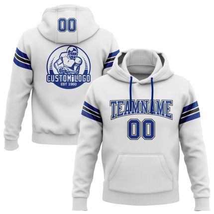Custom Name Number Football Hoodie Sweatshirt Pullover in White Royal Black - Personalized Team Apparel Personalized Stitched
