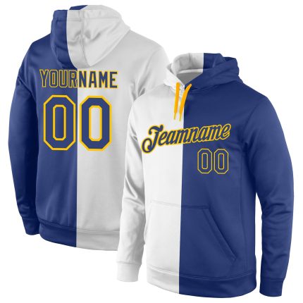 Custom Name Number Sports Hoodie Pullover Sweatshirt in White Royal-Gold Split Design - Personalized Fashion Apparel Personalized