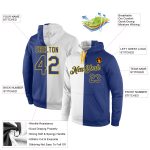 Custom Name Number Sports Hoodie Pullover Sweatshirt in White Royal-Gold Split Design - Personalized Fashion Apparel Personalized