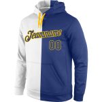 Custom Name Number Sports Hoodie Pullover Sweatshirt in White Royal-Gold Split Design - Personalized Fashion Apparel Personalized