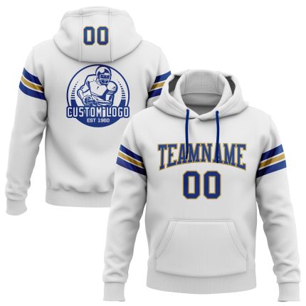 Custom Name and Number Football Hoodie Sweatshirt in White and Royal Old Gold - Personalized Pullover Personalized Stitched