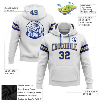 Custom Name and Number Football Hoodie Sweatshirt in White and Royal Old Gold - Personalized Pullover Personalized Stitched