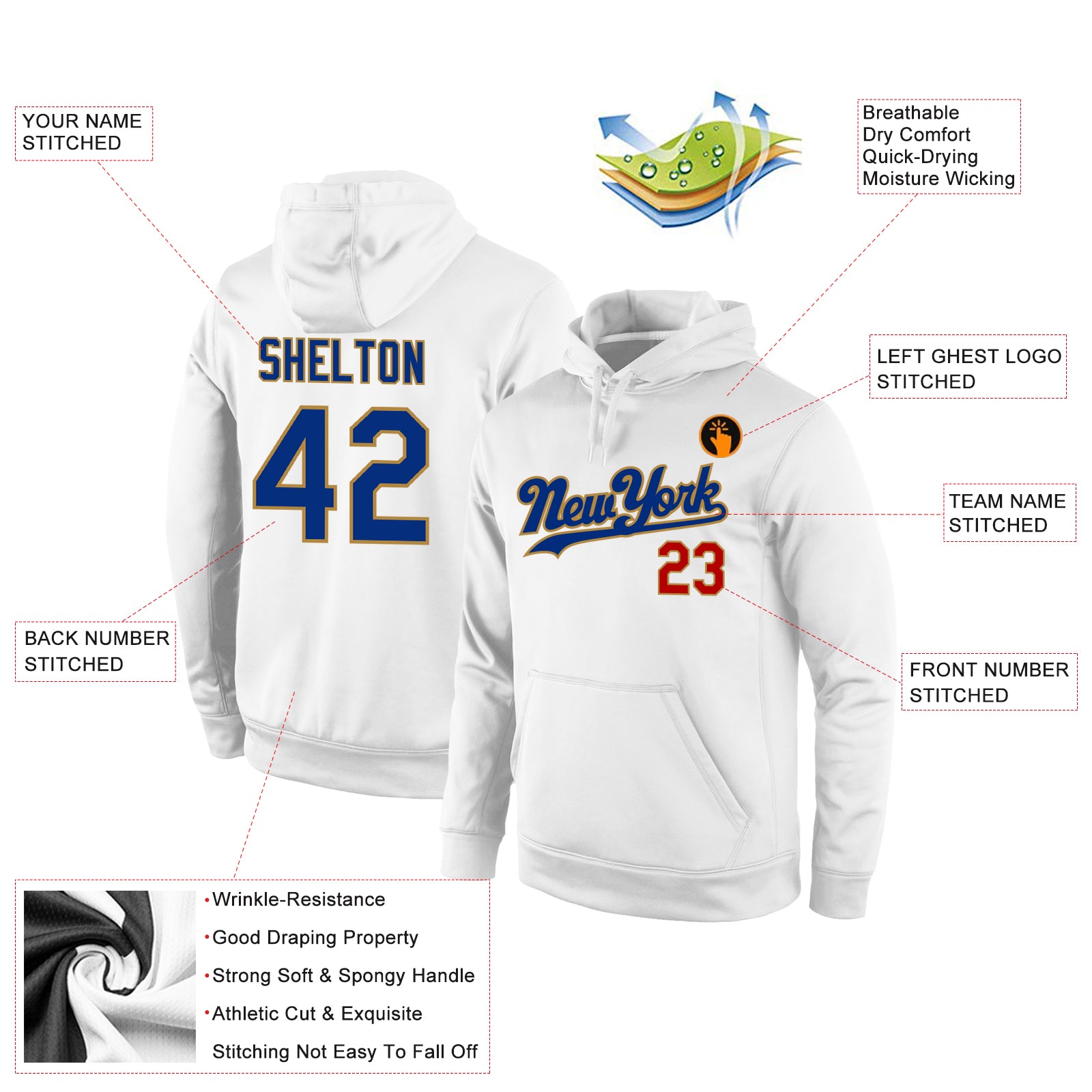 Personalized Stitched White Royal-Old Gold Sports Pullover Sweatshirt Hoodie Team Custom Name and Number Custom Name Number Royal-Old Gold Sports Hoodie Sweatshirt Pullover with Personalized Stitched Design, White Personalized - Image 4