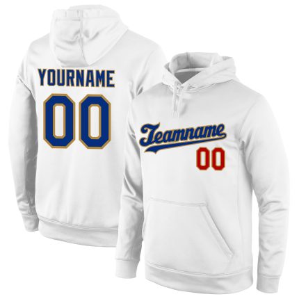 Custom Name Number Royal-Old Gold Sports Hoodie Sweatshirt Pullover with Personalized Stitched Design, White Personalized