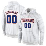 Custom Team Name Number Sports Hoodie - Personalized White Royal Pinstripe Pullover Sweatshirt with Orange Accents Personalized