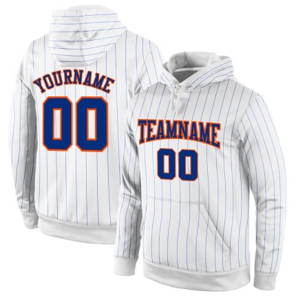 Custom Team Name Number Sports Hoodie - Personalized White Royal Pinstripe Pullover Sweatshirt with Orange Accents Personalized