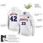 Custom Team Name Number Sports Hoodie - Personalized White Royal Pinstripe Pullover Sweatshirt with Orange Accents Personalized