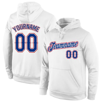 Personalized Royal-Red Stitched Sports Hoodie for Men and Women - White Pullover Sweatshirt Personalized Stitched White Royal-Red
