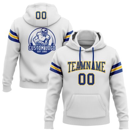 Custom Stitched Football Hoodie Sweatshirt with Team Name & Number - White Royal-Yellow Personalized Stitched White Royal-Yellow
