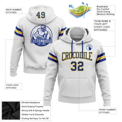 Custom Stitched Football Hoodie Sweatshirt with Team Name & Number - White Royal-Yellow Personalized Stitched White Royal-Yellow