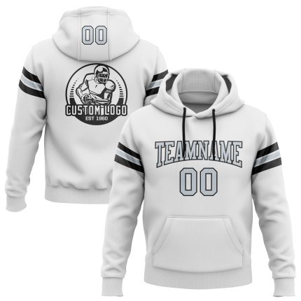 Custom Football Hoodie with Stitched Name & Number - White Silver-Black Pullover Sweatshirt Personalized Stitched White Silver-Black
