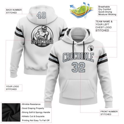 Custom Football Hoodie with Stitched Name & Number - White Silver-Black Pullover Sweatshirt Personalized Stitched White Silver-Black