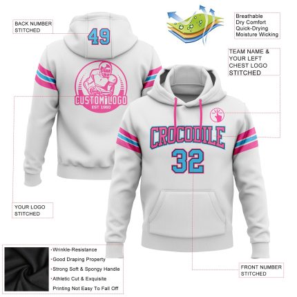 Custom Personalized Football Hoodie Sweatshirt with Name and Number - Stitched White Sky Blue Black-Pink Design Personalized