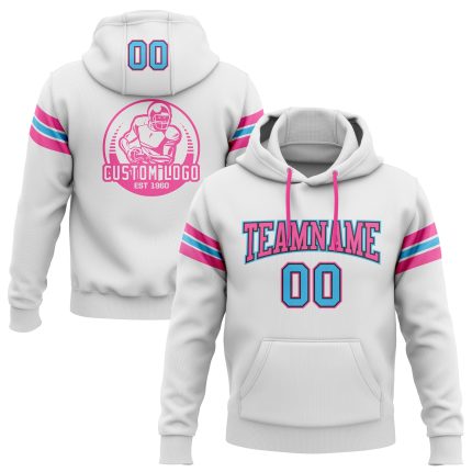 Custom Personalized Football Hoodie Sweatshirt with Name and Number - Stitched White Sky Blue Black-Pink Design Personalized