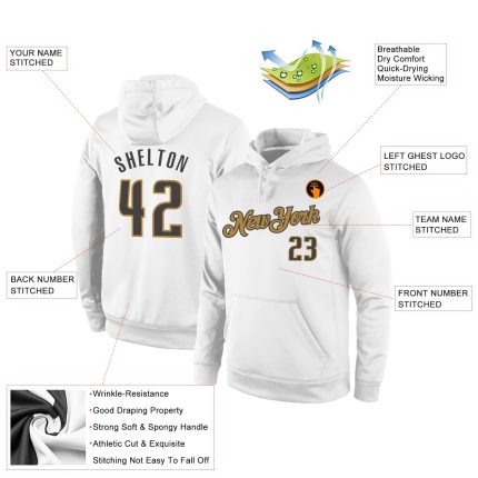 Custom Sports Hoodie with Personalized Name & Number - White Steel Gray-Old Gold Pullover Sweatshirt Personalized Stitched