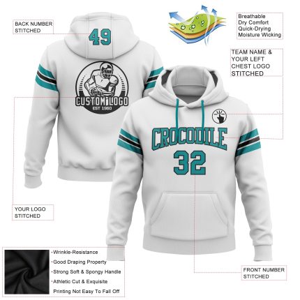 Custom Team Name Number Football Hoodie Sweatshirt Personalized Stitched White Teal Black Personalized Stitched White Teal-Black