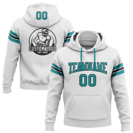 Custom Team Name Number Football Hoodie Sweatshirt Personalized Stitched White Teal Black Personalized Stitched White Teal-Black