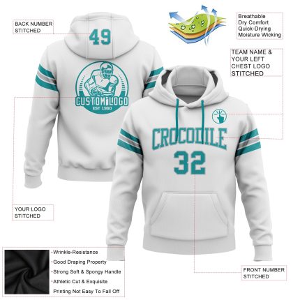 Custom Team Name Gray Teal Football Hoodie Sweatshirt with Personalized Number - Stitched Pullover for Men and Women Personalized