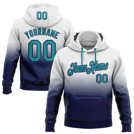 Custom Name and Number Sports Pullover Hoodie - Personalized White Teal-Navy Fade Stitched Sweatshirt Personalized Stitched