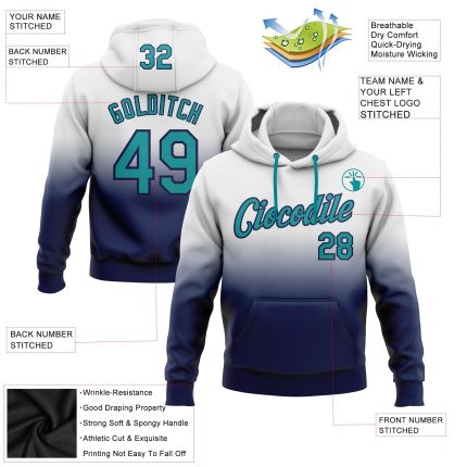 Custom Name and Number Sports Pullover Hoodie - Personalized White Teal-Navy Fade Stitched Sweatshirt Personalized Stitched