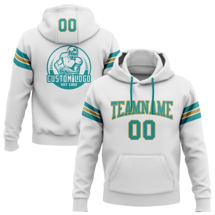 Custom Team Football Hoodie with Name and Number - Personalized Stitched White Teal-Old Gold Sweatshirt Pullover Personalized