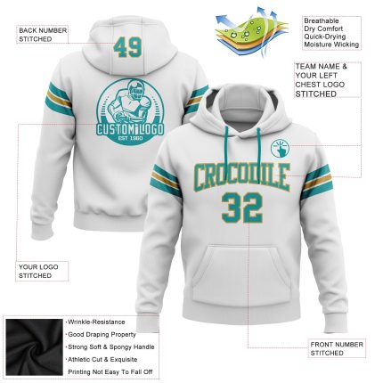 Custom Team Football Hoodie with Name and Number - Personalized Stitched White Teal-Old Gold Sweatshirt Pullover Personalized