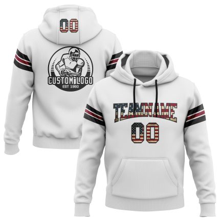 Custom Name Number Football Hoodie - Vintage USA Flag Black Crimson Stitched Pullover Sweatshirt Personalized Stitched White
