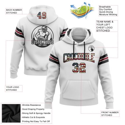 Custom Name Number Football Hoodie - Vintage USA Flag Black Crimson Stitched Pullover Sweatshirt Personalized Stitched White