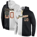 Custom Vintage USA Flag Hoodie - Personalized Black Split Fashion Sports Pullover Sweatshirt with Team Name and Number Personalized