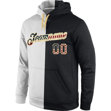 Custom Vintage USA Flag Hoodie - Personalized Black Split Fashion Sports Pullover Sweatshirt with Team Name and Number Personalized