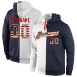 Vintage USA Flag Pullover Hoodie - Custom Name & Number, Navy Split Design, Personalized Stitched Sports Sweatshirt Personalized