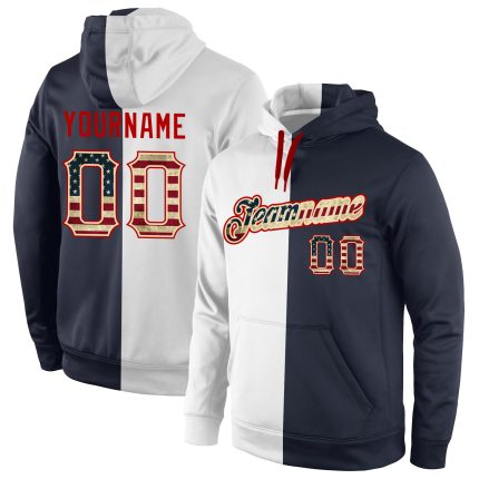 Vintage USA Flag Pullover Hoodie - Custom Name & Number, Navy Split Design, Personalized Stitched Sports Sweatshirt Personalized