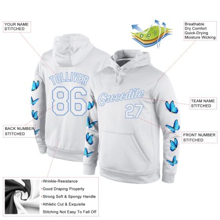 Custom Name and Number Butterfly 3D Pattern Pullover Hoodie Sports Sweatshirt - Personalized White Light Blue Design Personalized