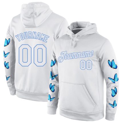 Custom Name and Number Butterfly 3D Pattern Pullover Hoodie Sports Sweatshirt - Personalized White Light Blue Design Personalized