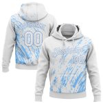 Custom Name Number Sports Hoodie with 3D Pattern Design in White Light Blue - Personalized Stitched Pullover Sweatshirt Personalized