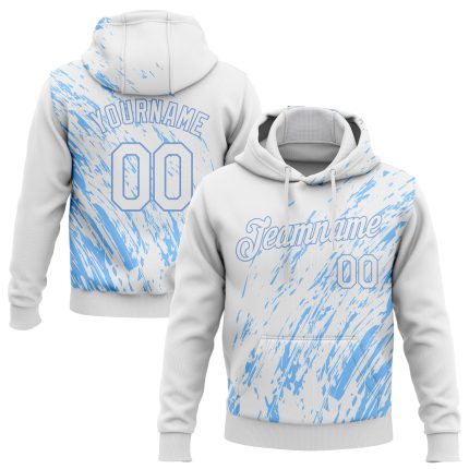 Custom Name Number Sports Hoodie with 3D Pattern Design in White Light Blue - Personalized Stitched Pullover Sweatshirt Personalized
